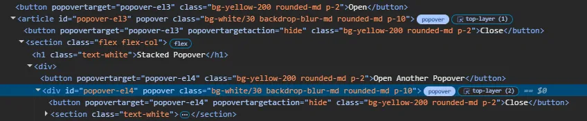 Inner Popover marked as 'top-layer (2)' Inner Popover marked as top-layer (2)