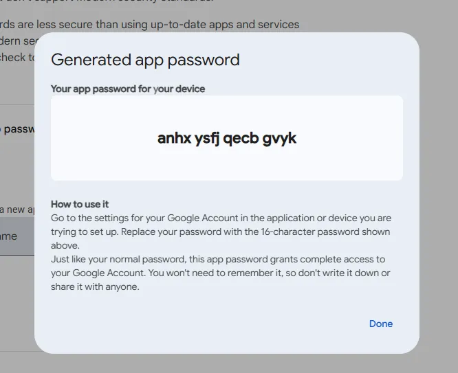 Generated App Password Generated App Password